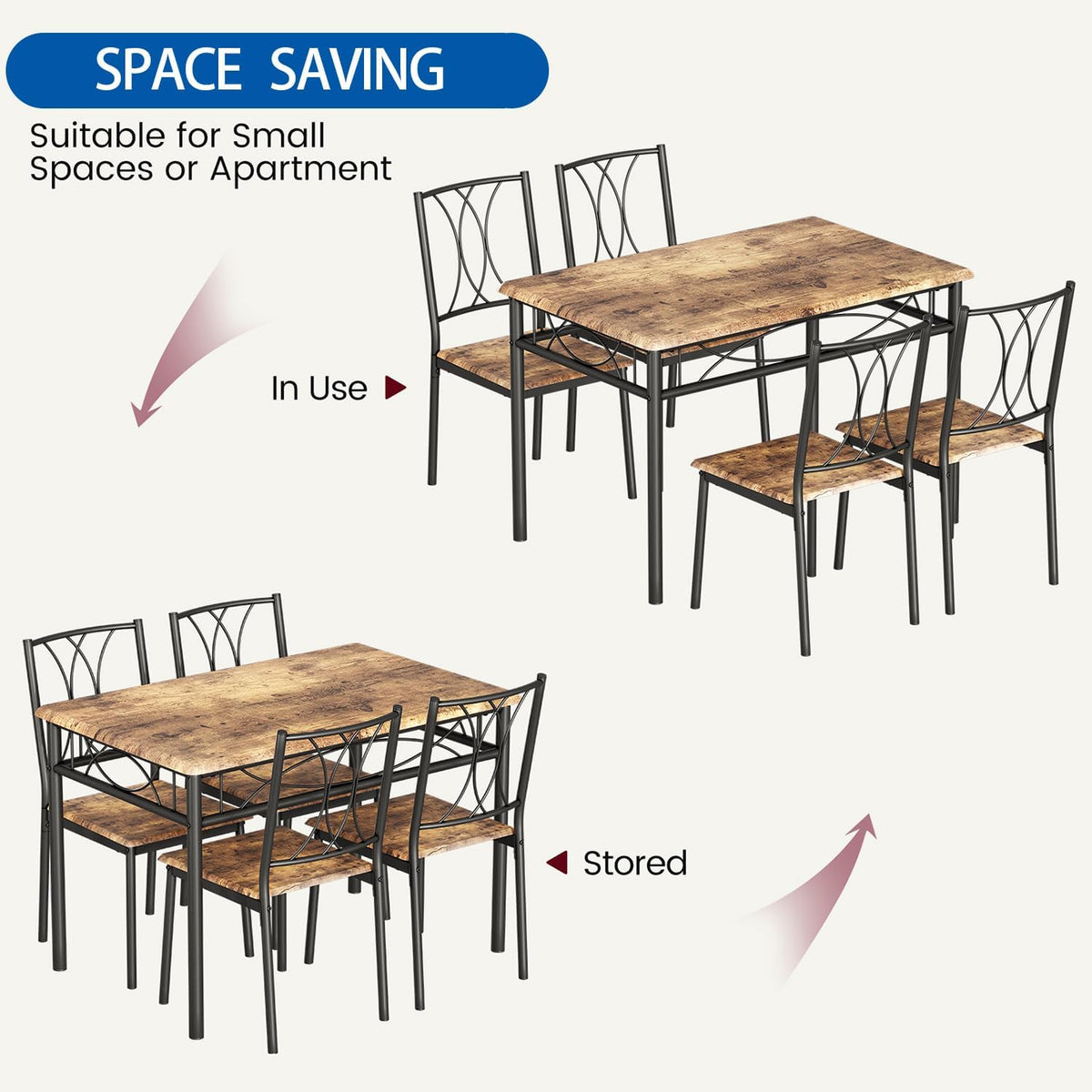 GarveeHome Dining Table Set for 4, Rectangle Compact Dining Table and Chairs Set, Small Kitchen Table Set with 4 Wood Chairs for Apartment, Rustic Brown