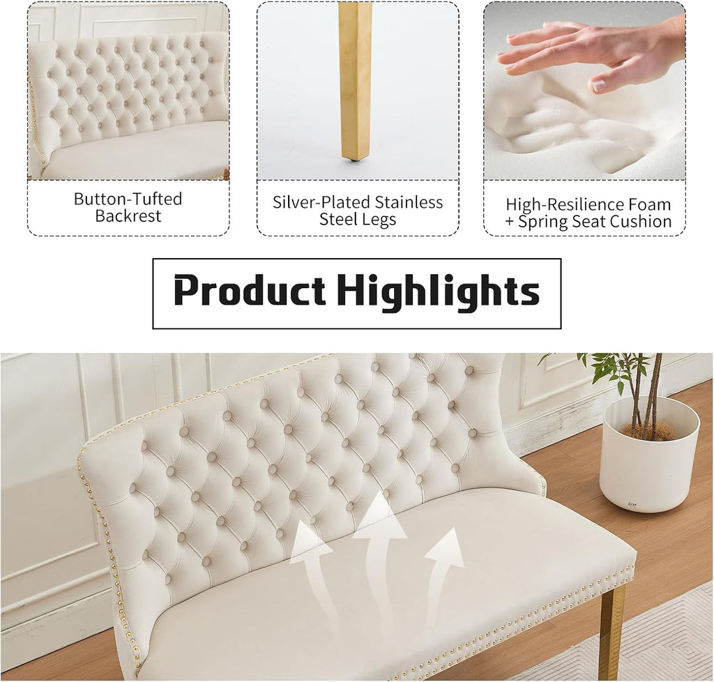Beige Velvet Dining Bench with Back, Tufted Banquette Seating, Gold Legs | Upholstered loveseat bench; tufted back; nailhead trim; 500 lb capacity; foam and spring seat; dining room or entryway