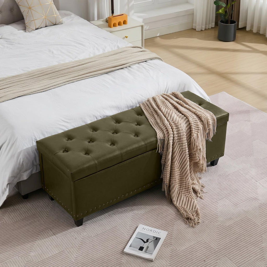 Tbfit 50.8" Large Storage Ottoman Bench with Button-Tufted Top, Blue PU Faux Leather End of Bed Chest with Safety Hinge and Rivets for Bedroom, Living Room (Green PU)