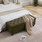 Tbfit 50.8" Large Storage Ottoman Bench with Button-Tufted Top, Blue PU Faux Leather End of Bed Chest with Safety Hinge and Rivets for Bedroom, Living Room (Green PU)