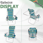 Romswi Tall Beach Chair Extra Wide for Adults, 17" High Seat Backpack Beach Chair with Cooler Bag, Cup & Phone Holder, 5-Position High Back Reclining Chair with Towel Bar & Zipper Pocket, Blue Stripes