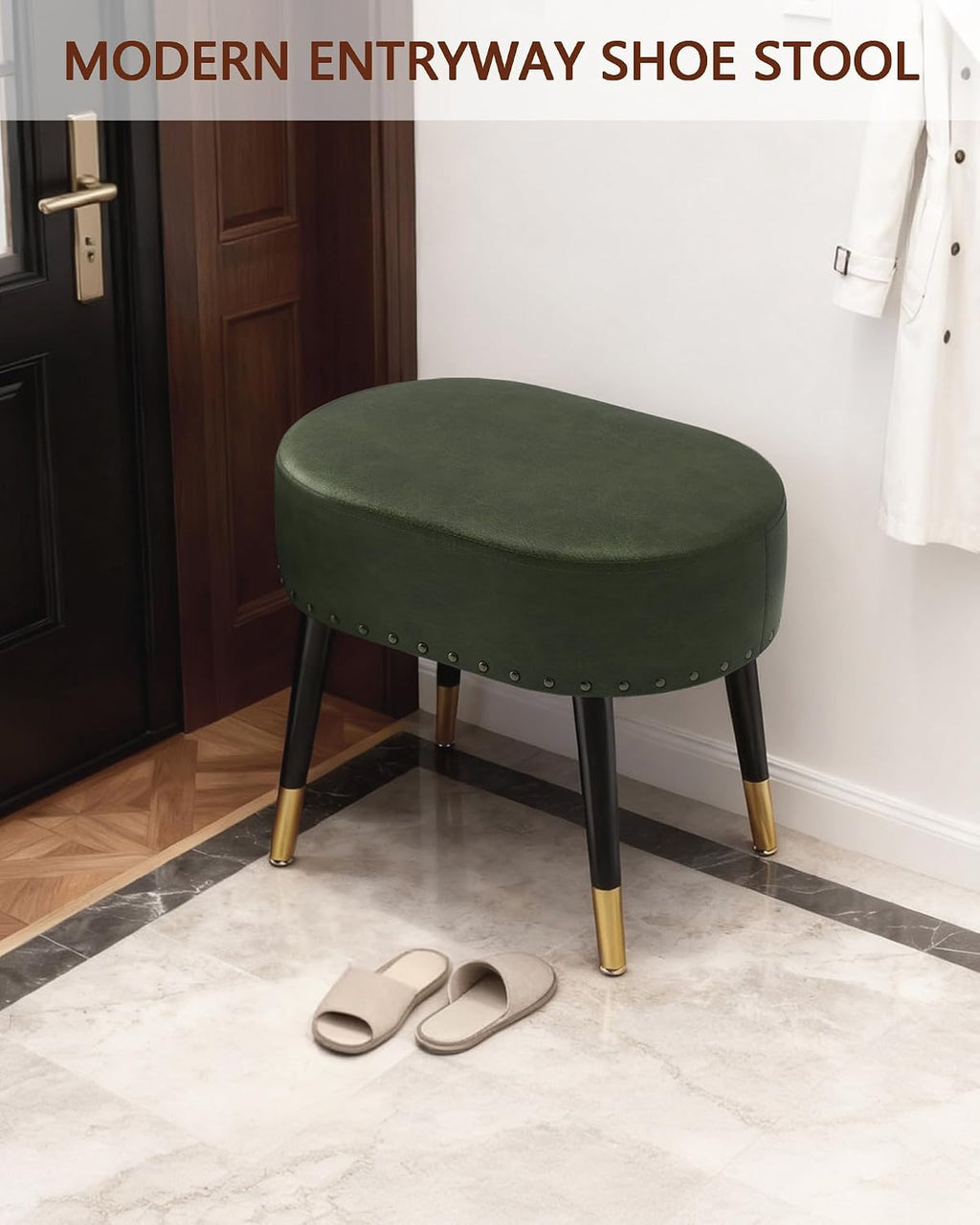 LITZFUR Vintage Vanity Stool Chair, Leather Foot Rest Stool, Green | Oval Ottoman with Metal Legs, Rivet Stool, Padded Seat for Makeup Room, Living Room, Bedroom, 17.7''L x 11.8''W x 15.7''H