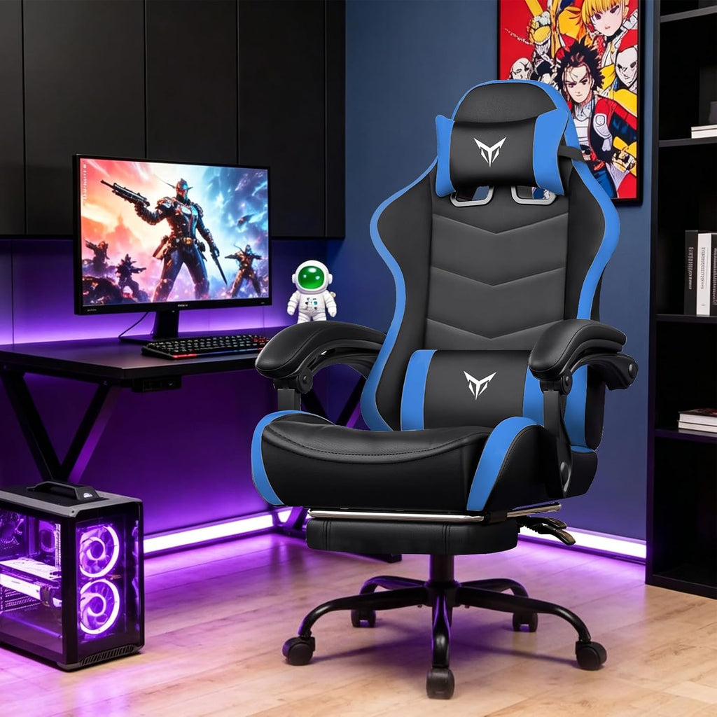 GTPLAYER Gaming Chair for Adults, Big and Tall 300LBS Heavy Duty Office Chair with Footrest, Ergonomic High Back Lumbar Support and Wide Comfy Cushion with Linkage Armrests for Home Office, Blue