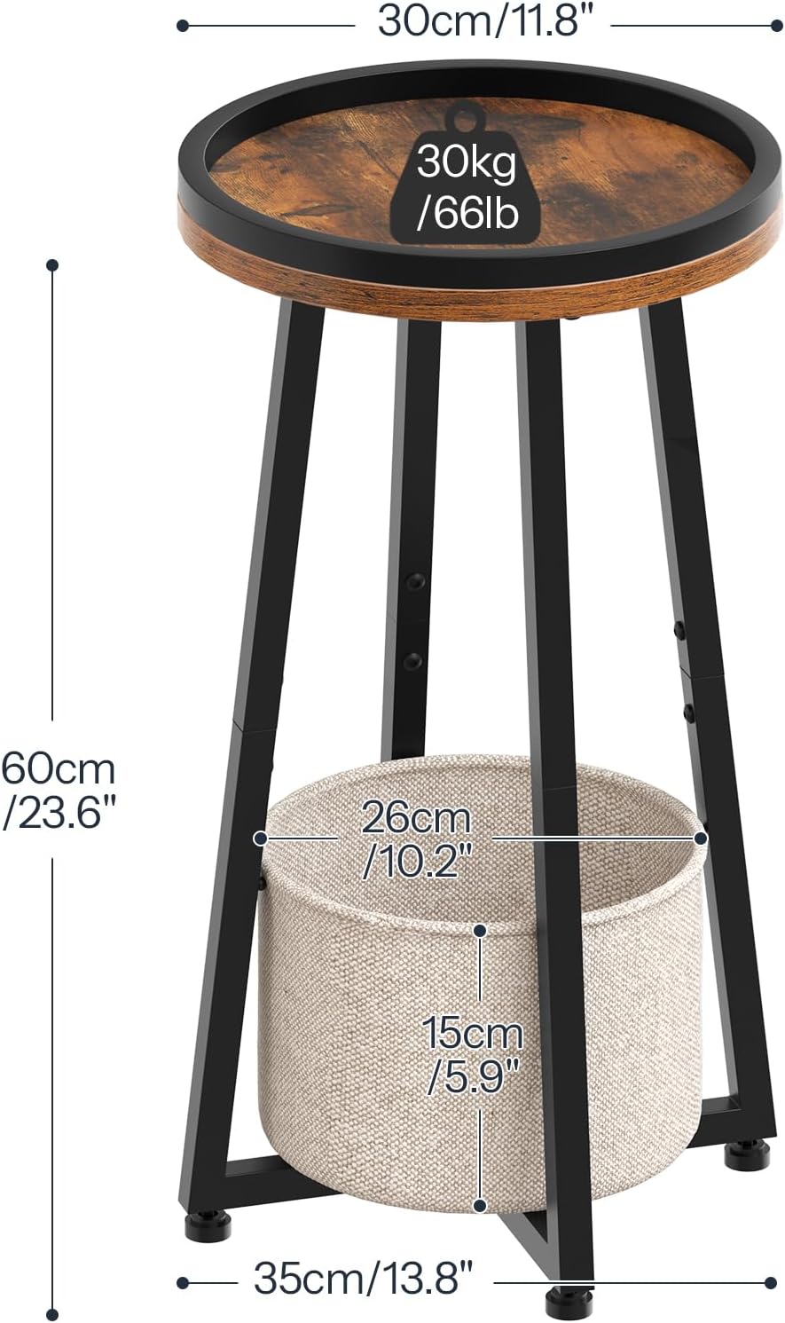 HOOBRO Small Round Side Tables, Set of 2, 2-Tier Round Sofa End Tables, Compact Nightstands with Cotton Linen Storage Basket, for Small Space, Living Room, Bedroom, Dorm, Rustic Brown BF183BZP201