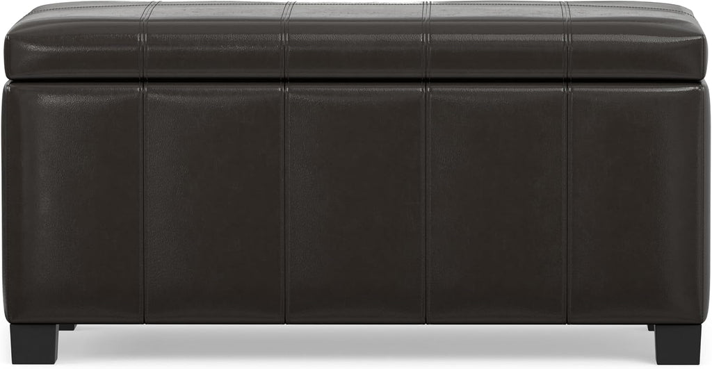 SIMPLIHOME Dover 36" Wide Vegan Leather Storage Ottoman in Tanners Brown | Contemporary ottoman with lift-top and safety hinges; upholstered rectangle storage bench for living room and entryway.