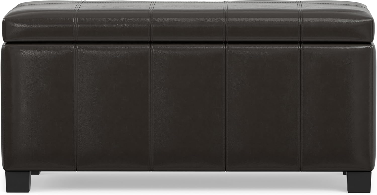 SIMPLIHOME Dover 36" Wide Vegan Leather Storage Ottoman in Tanners Brown | Contemporary ottoman with lift-top and safety hinges; upholstered rectangle storage bench for living room and entryway.