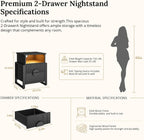 LGHM Set of 2 Fluted Nightstand with Charger Station Strip Lights, 20.47" W Night Stand with 2 Drawers, Large Accent Bed Side Table and End Table, Large Open Cubby, Raising H Legs,Black