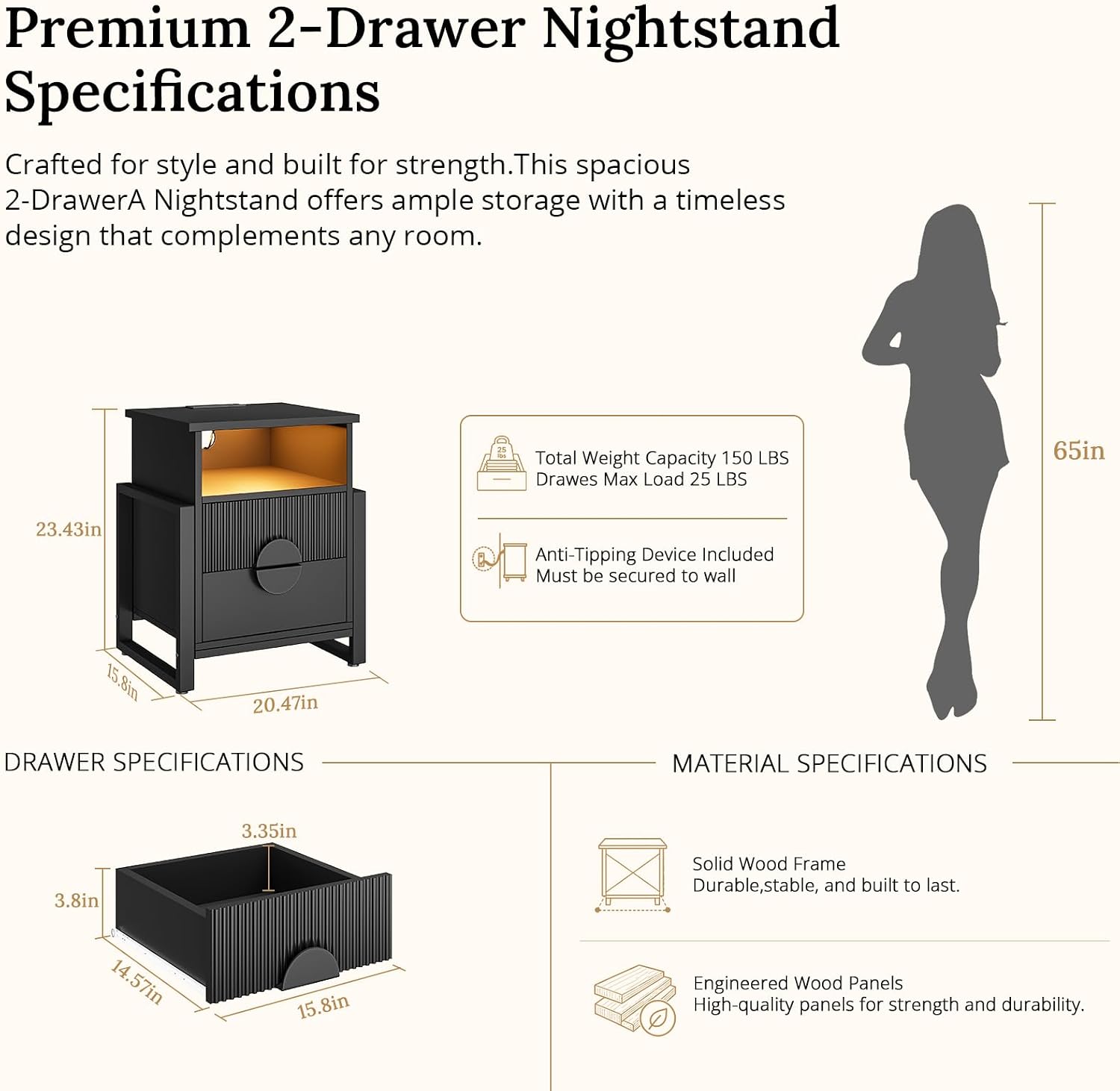 LGHM Set of 2 Fluted Nightstand with Charger Station Strip Lights, 20.47" W Night Stand with 2 Drawers, Large Accent Bed Side Table and End Table, Large Open Cubby, Raising H Legs,Black
