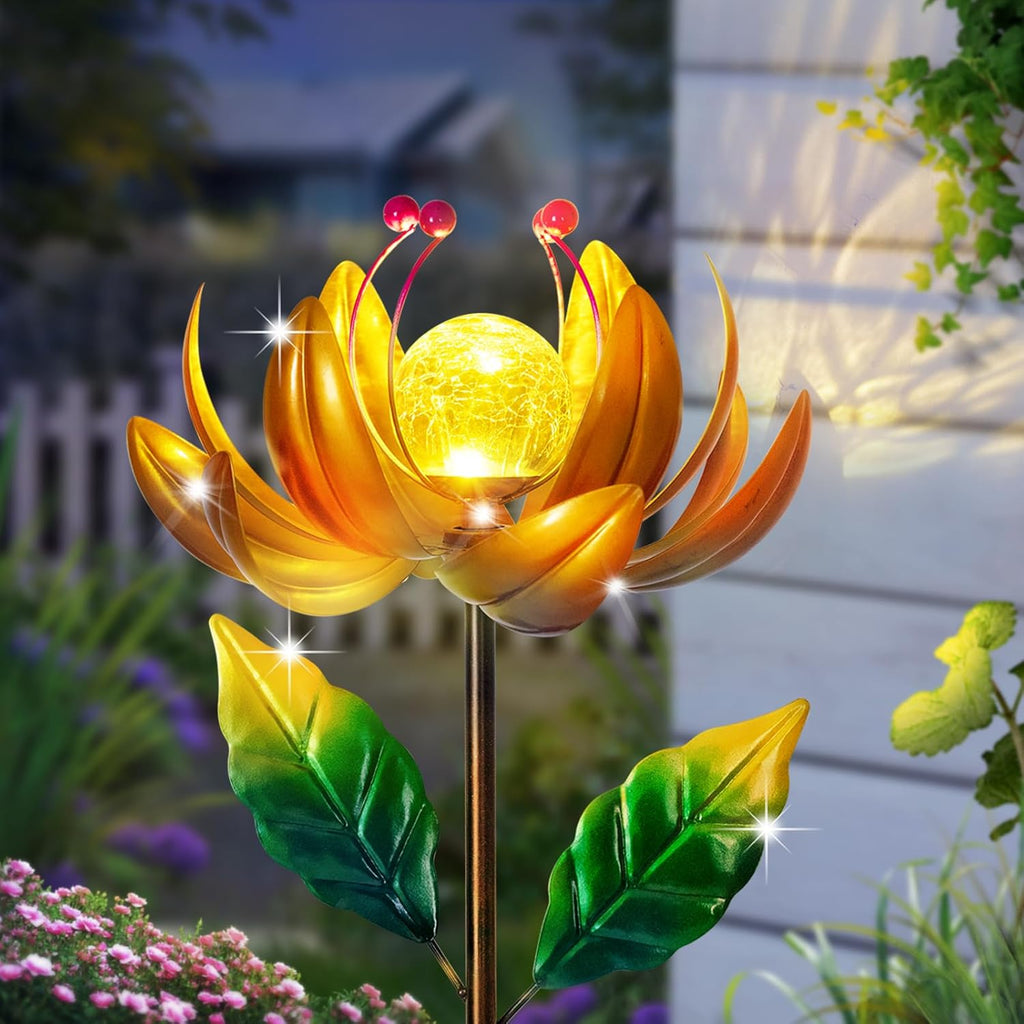 Solar Lights Wind Spinners for Yard and Garden - Metal Lotus Flower Windmills LED Crackle Glass Globe Outdoor Garden Decor Yard Art Lawn Ornament