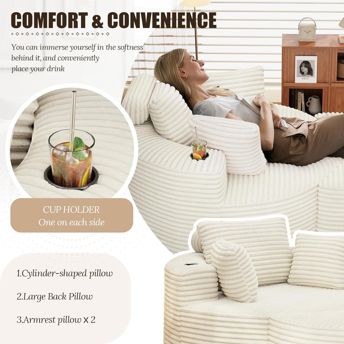 Round Chaise Lounge with Ottoman, Cloud Corduroy Curved Reading Lounge Sofa Chair with Cup Holders, Circle Memory Foam Chaise Chair and Ottoman Set for Study, Living Room, Sunroom, Beige