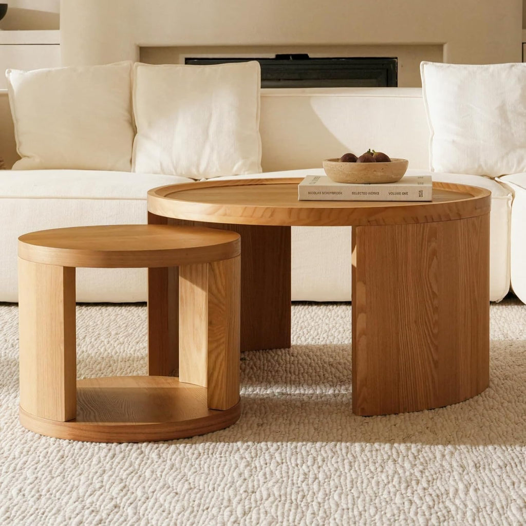 Round Nesting Coffee Table Set of 2, Brown, Wood Top | Modern wood-top tables for living rooms, bedrooms, and apartments
