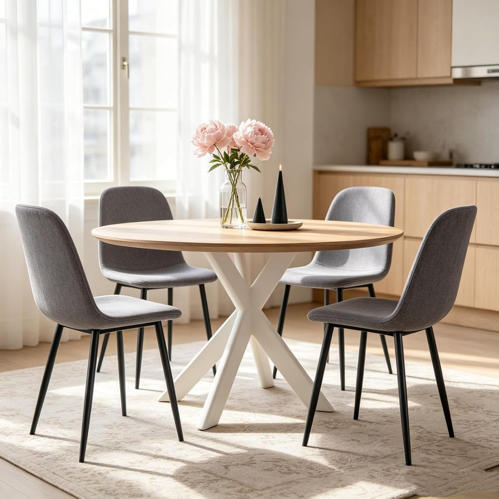 Modern Linen Dining Chairs Set of 4, Luxury Upholstered Kitchen Chairs with High Resilience Foam & Integral Black Metal Legs, Mid-Century Side Chairs for Dining Room, Vanity, Light Grey