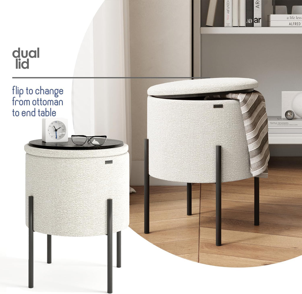 Round Ottoman with Storage, Boucle Storage Ottoman, Foot Stool Ottoman, Makeup Vanity Stool, Small Ottomans Foot Rest, Modern Ottomans for Living Room and Bedroom, Cream