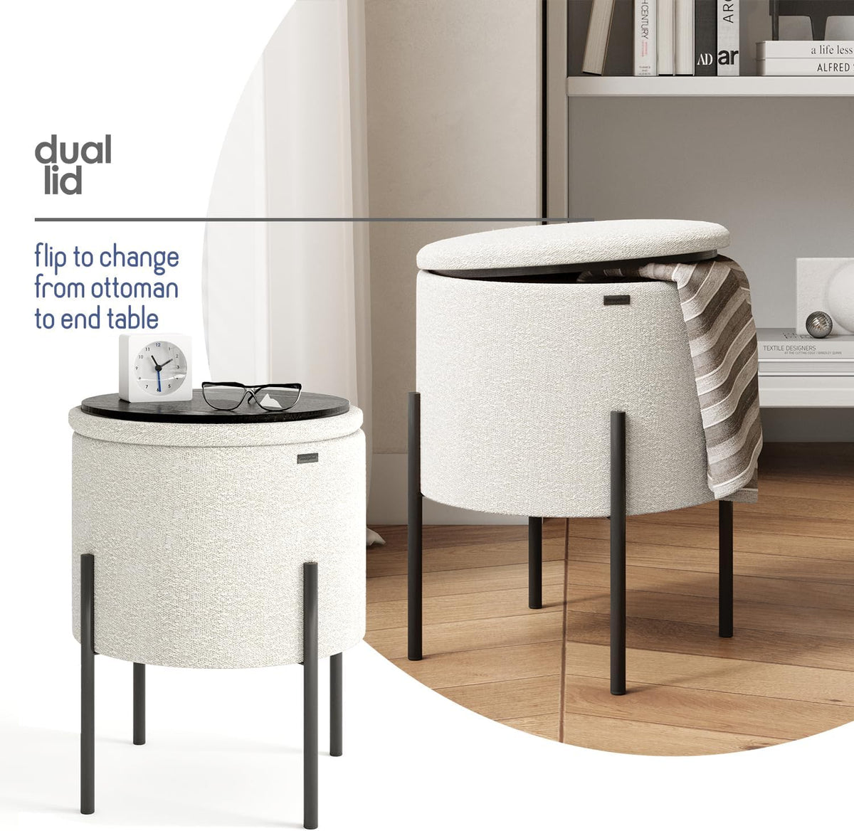 Round Ottoman with Storage, Boucle Storage Ottoman, Foot Stool Ottoman, Makeup Vanity Stool, Small Ottomans Foot Rest, Modern Ottomans for Living Room and Bedroom, Cream