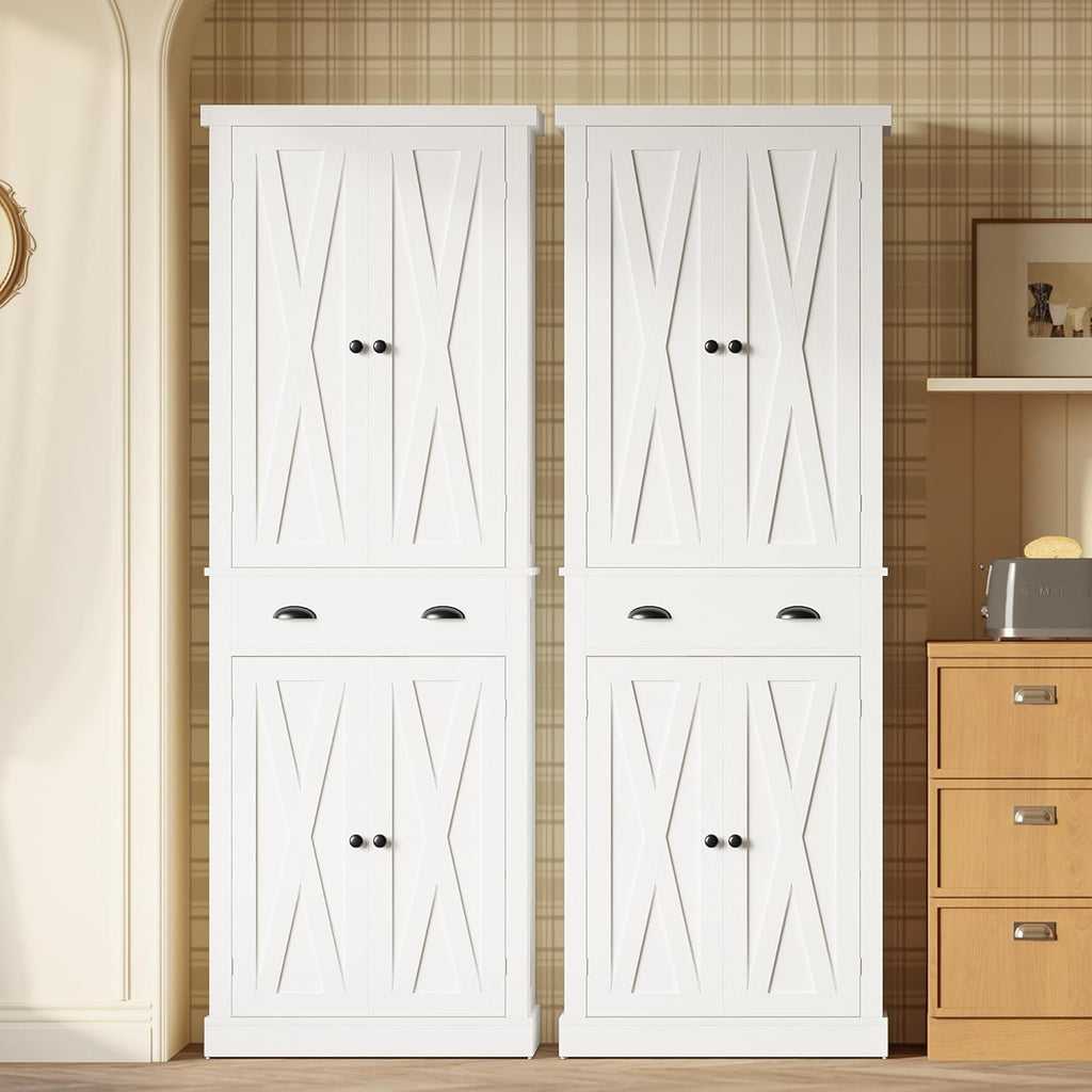 IRONCK Kitchen Pantry Storage Cabinet 72.6" H x 24" W, White | Freestanding Storage Cabinet with Barn Doors, Drawer, 4 Adjustable Shelves, Tall Snack Food Cabinet for Dining Room