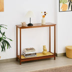 Bamboo Narrow Console Table, 31.5"(L) Wood Small Entryway Table with Rattan and Glass, Accent Slim Hallway Tables, Thin Sofa Side Tables for Hallway, Living Room, Bedroom, Foyer, Walnut