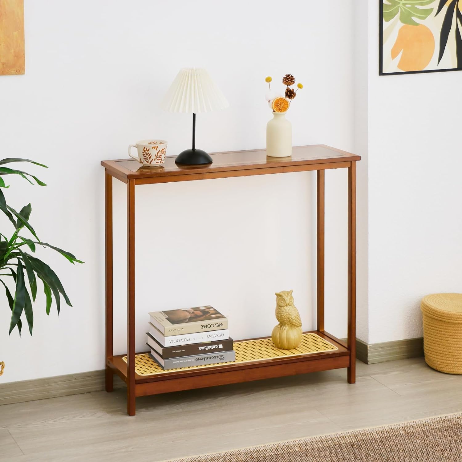 Bamboo Narrow Console Table, 31.5"(L) Wood Small Entryway Table with Rattan and Glass, Accent Slim Hallway Tables, Thin Sofa Side Tables for Hallway, Living Room, Bedroom, Foyer, Walnut