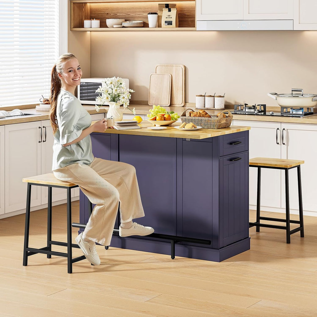 ONBRILL 47" Kitchen Island with Trash Can Storage, Include 2 Chairs, Blue | Stationary Island Table with Drop Leaf & Power Outlet, 3-Tier Spice Rack & Storage Cabinet with Adjustable Shelf