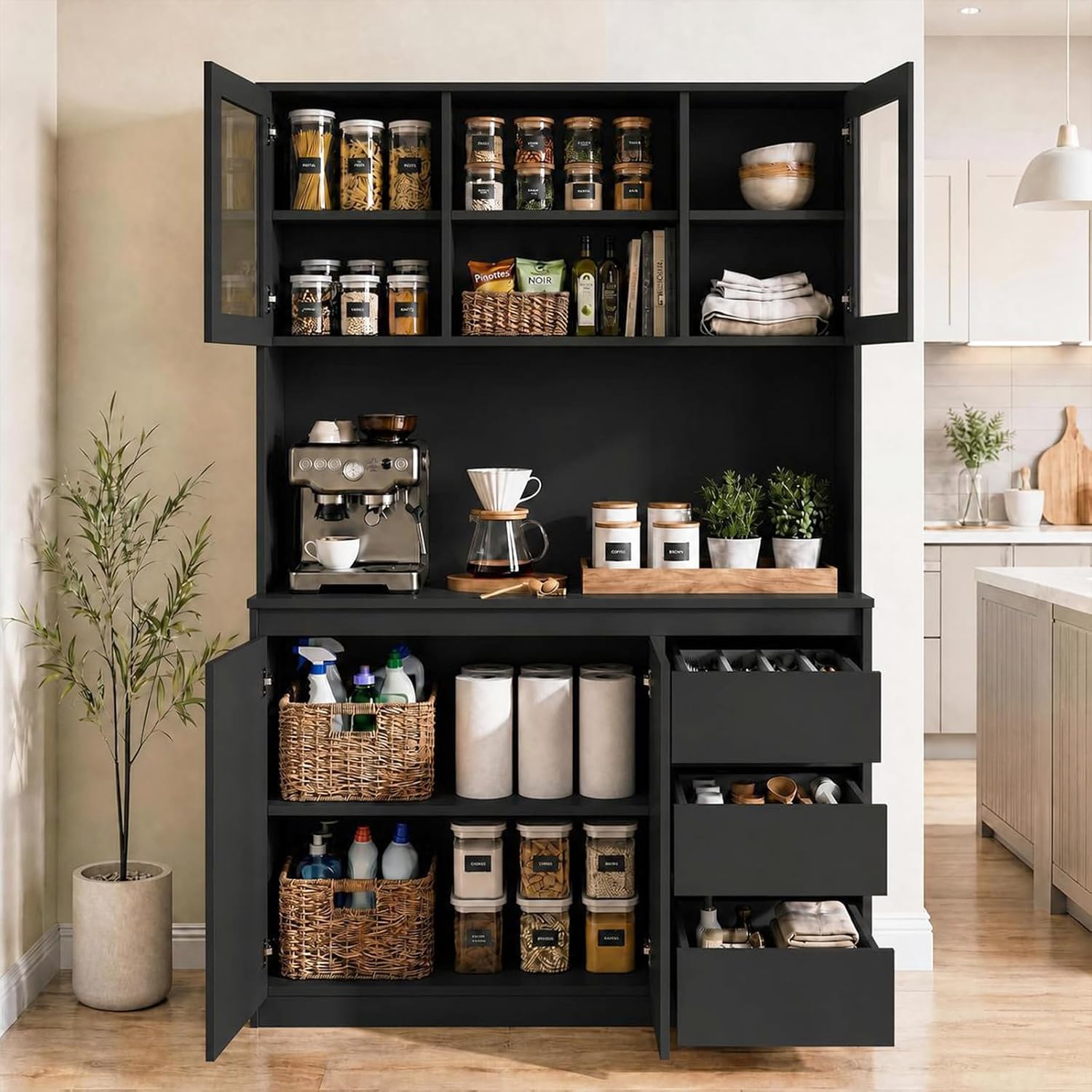 71" Kitchen Pantry Cabinet,Tall Storage Cabinet with Doors & Shelves Adjustable, Kitchen Storage Hutch with Microwave Shelf,Coffee Bar,Led Lights&Charging Station,Corner Pantry Cabinet for Living Room