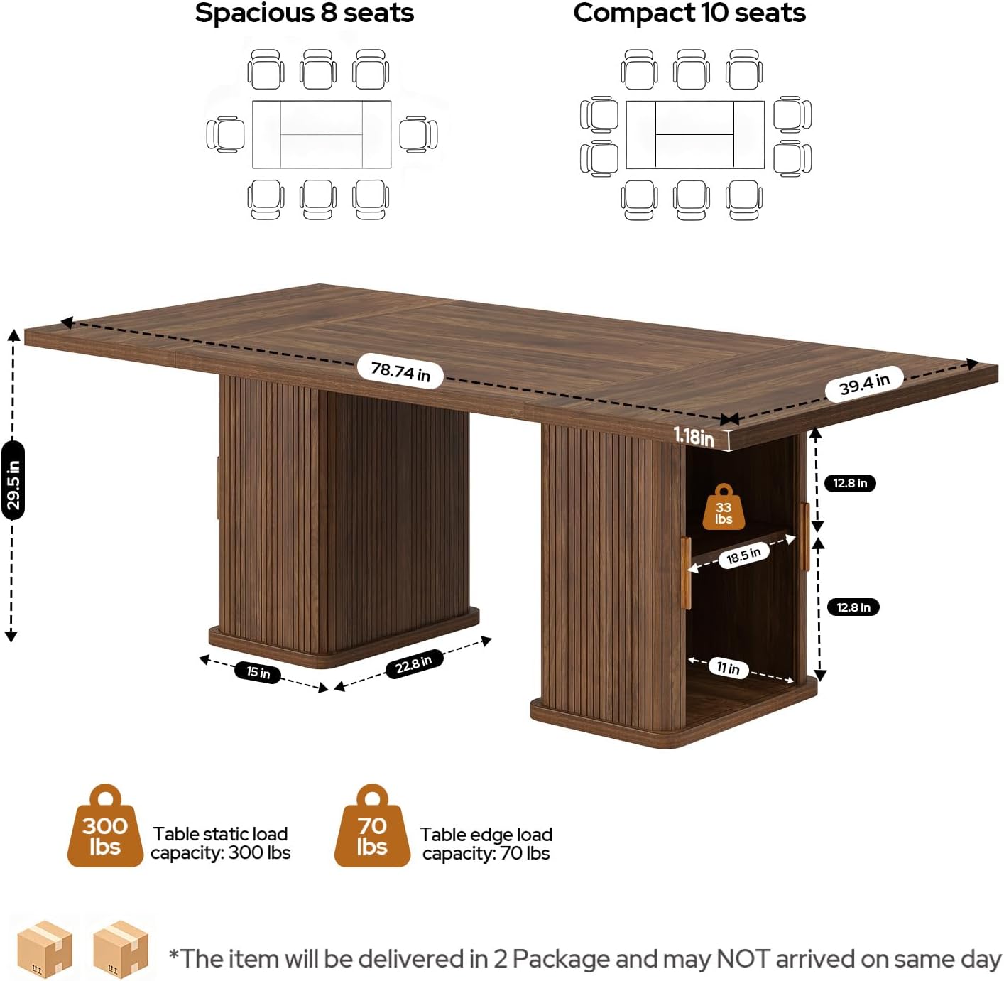 78.7" Long Rectangle Dining Table with Fluted Storage Legs for 6/8/10, Farmhouse Dinner Tables with Large Tabletop, Storage Shelves and Sliding Tambour Doors for Dining Room, Kitchen, Living Room