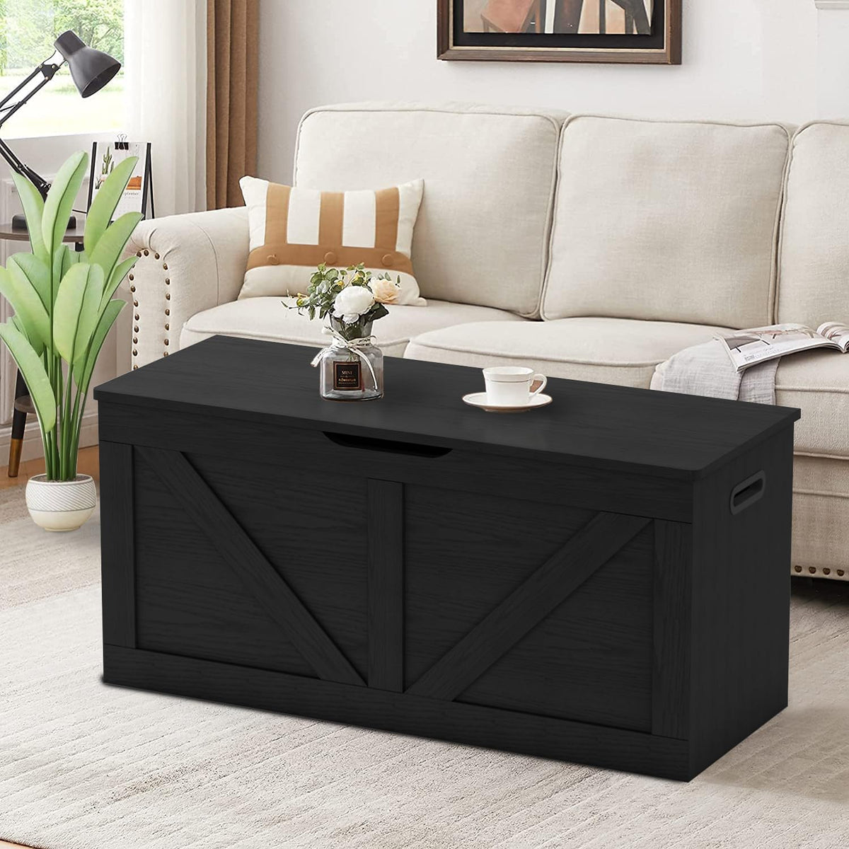 Timberer 39.4" Storage Chest, Wooden Storage Bench, Large Storage Trunk | Entryway Shoes Bench with 2 Safety Hinges, for Living Room, Bedroom, Black