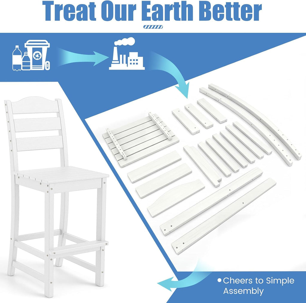 Tangkula Patio HDPE Barstool, Outdoor High Top Bar Chair w/Backrest & Footrest, All-Weather Wood-Plastic Bar Height Chair for Poolside, Backyard, Porch (2, White)
