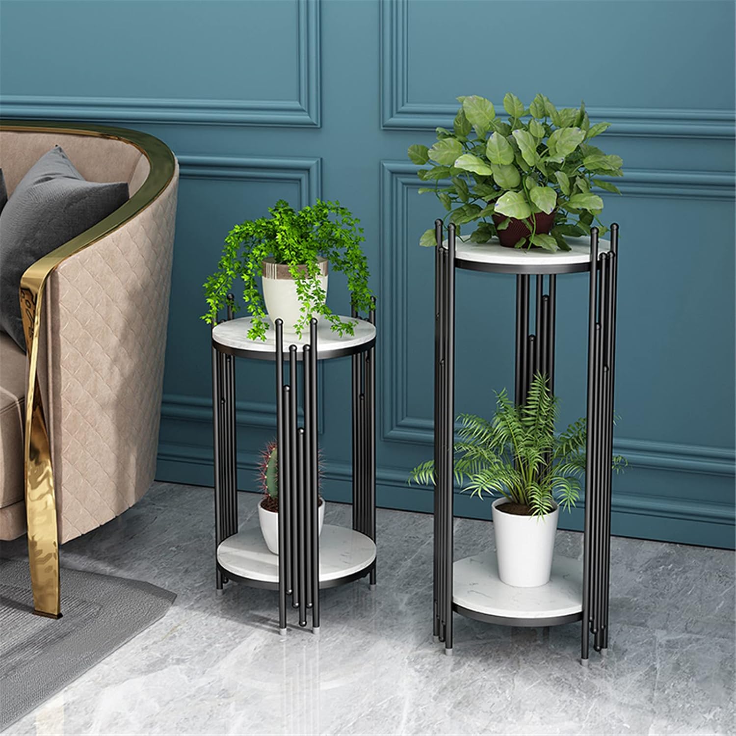 Marble Look -Tier Storage Telephone Table - Tall Slim Plant Stand, Stylish Round Side Table for Living Room, Patio Decor & Corner Bedside Table