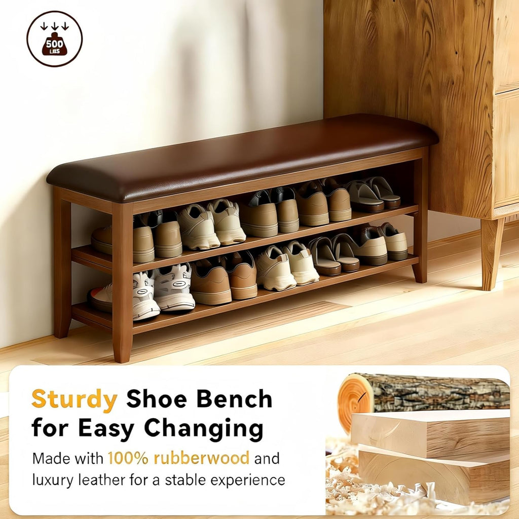 Shoe Bench Storage with Leather Cushion, Rustic Solid Wood Entryway Bench with 2 Height-Adjustable and Removable Shelves for Hallway, Living Room, Mudrooms (Dark Brown,47.2")