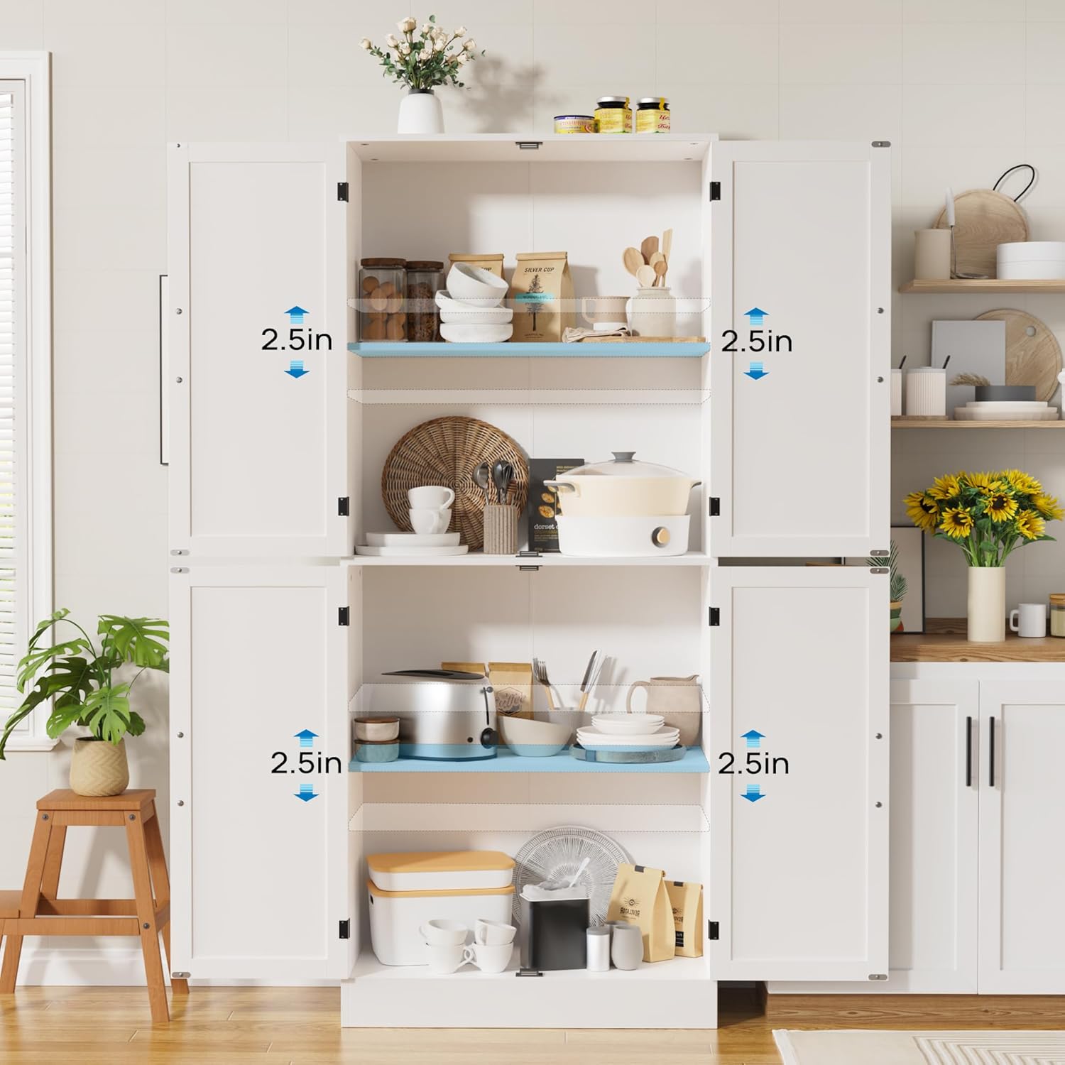 MHOM 71" Tall White Pantry Cabinet, Farmhouse Storage Cabinet with 4 Doors and Adjustable Shelves, Freestanding Pantry for Dining Room, Kitchen, and Living Room