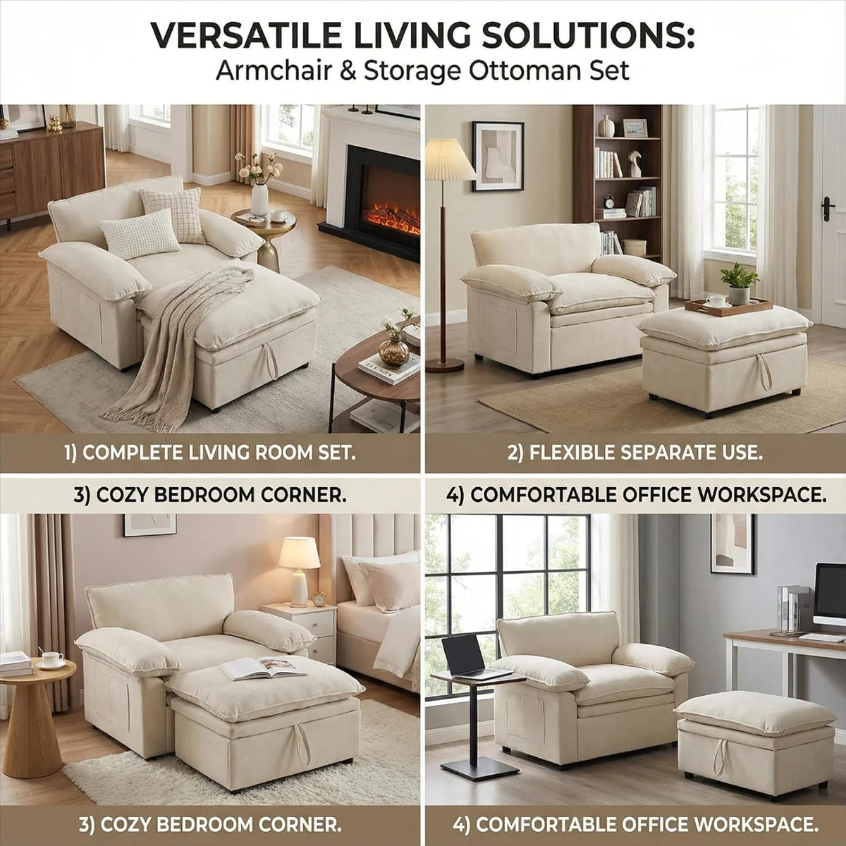Furnimart Oversized Chair with Storage Ottoman, 44" Wide Cloud Chair and Ottoman Set with Chunky Cushion, Comfy Lounge Reading Chair for Living Room Bedroom Office – Beige