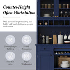 Freestanding Kitchen Pantry with Drawer, Adjustable Shelves & Wine, Blue | Rustic blue finish, solid wood legs, adjustable shelves, wine rack holds 12 bottles, 35.4"W x 17.7"D x 74.8"H, for dining