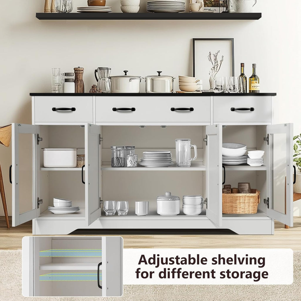 Likein Sideboard Buffet Cabinet with Storage - 55" Kitchen Storage Display Cabinet with 4 Drawers and Glass Doors, 15.8" D Farmhouse Wood Buffet Table Coffee Bar Cabinets for Entryway Living Room