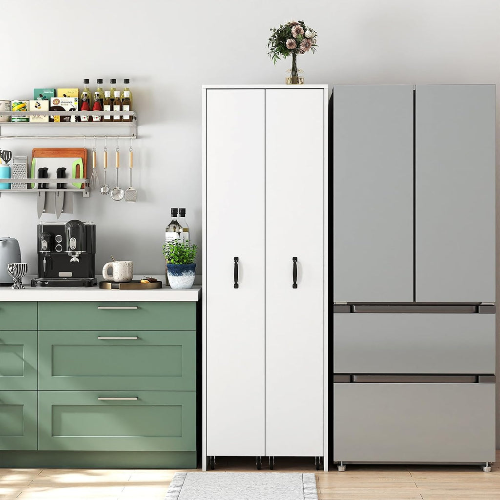 JOYSOURCE Tall Kitchen Pantry Cabinet with Pull-Out Shelves Large 2- Door Free Standing Storage Cabinet for Food, Spice White