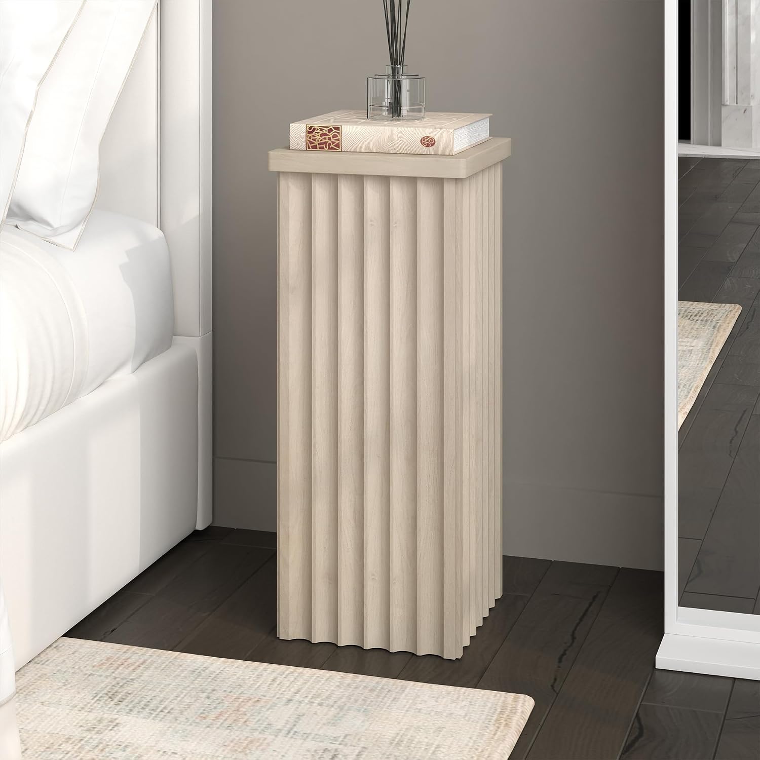 Henn&Hart 11'' Fluted Modern Wooden Square End Table, Ribbed Side Table, Nightstand for Living Room, Office, Family Room, or Bedroom, Alder White