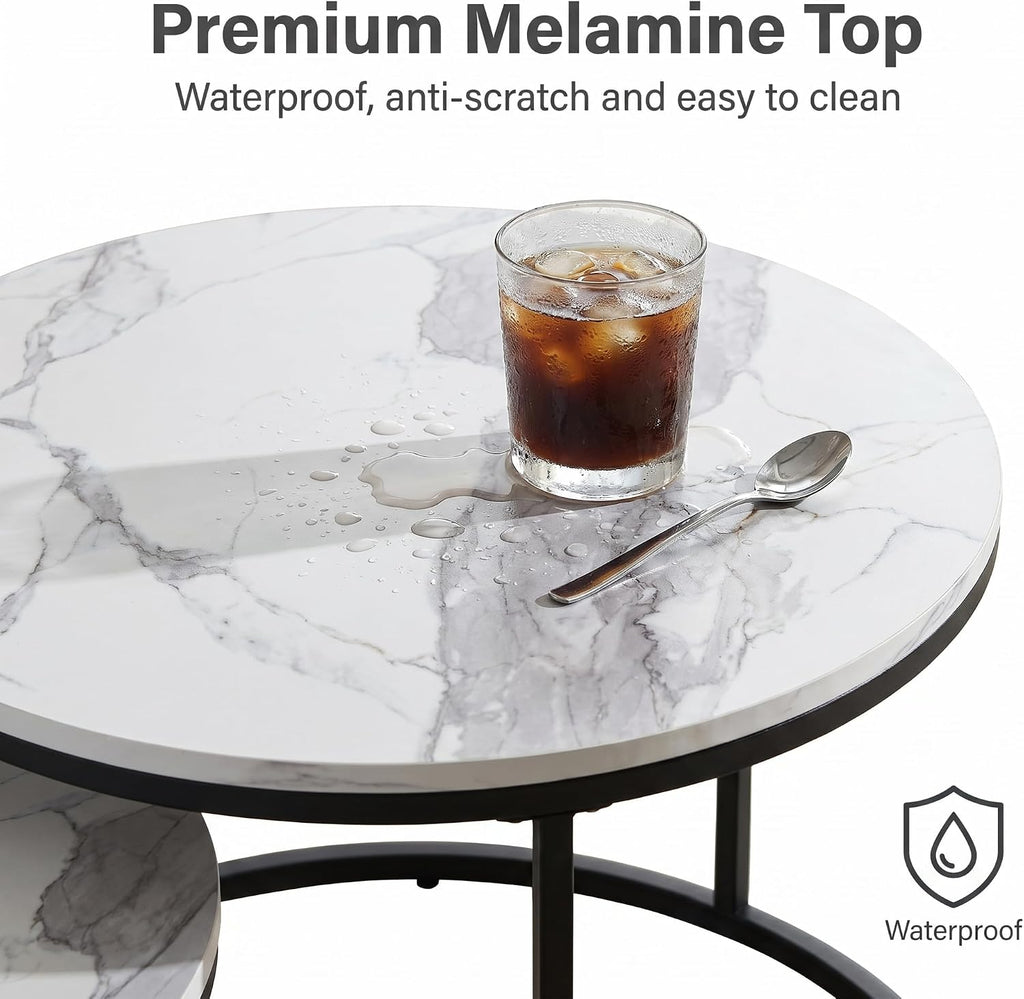 Living Room Side Table, Round Coffee Tables for Living Room, Modern Nesting Drink for Small Spaces, Set of 2 (Marble)