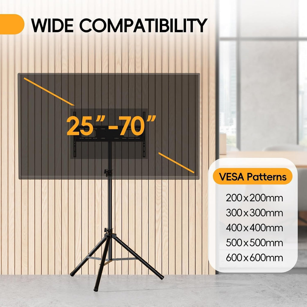 Tripod TV Stand for 25-70" TVs, Adjustable & Foldable, Black | ±15° Tilt, 5 Pillar Height, Maxi Load 110 lbs, Dual Safety Pins, Portable for Outdoors, Bedroom, Living Room