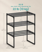 SONGMICS Shoe Rack, 3-Tier Shoe Organizer, Metal Storage Shelf, Upright or Upside Down, for 4-8 Pairs, Stackable, for Entryway, 11.8 x 16.7 x 21.5 Inches, Black ULSA003B01
