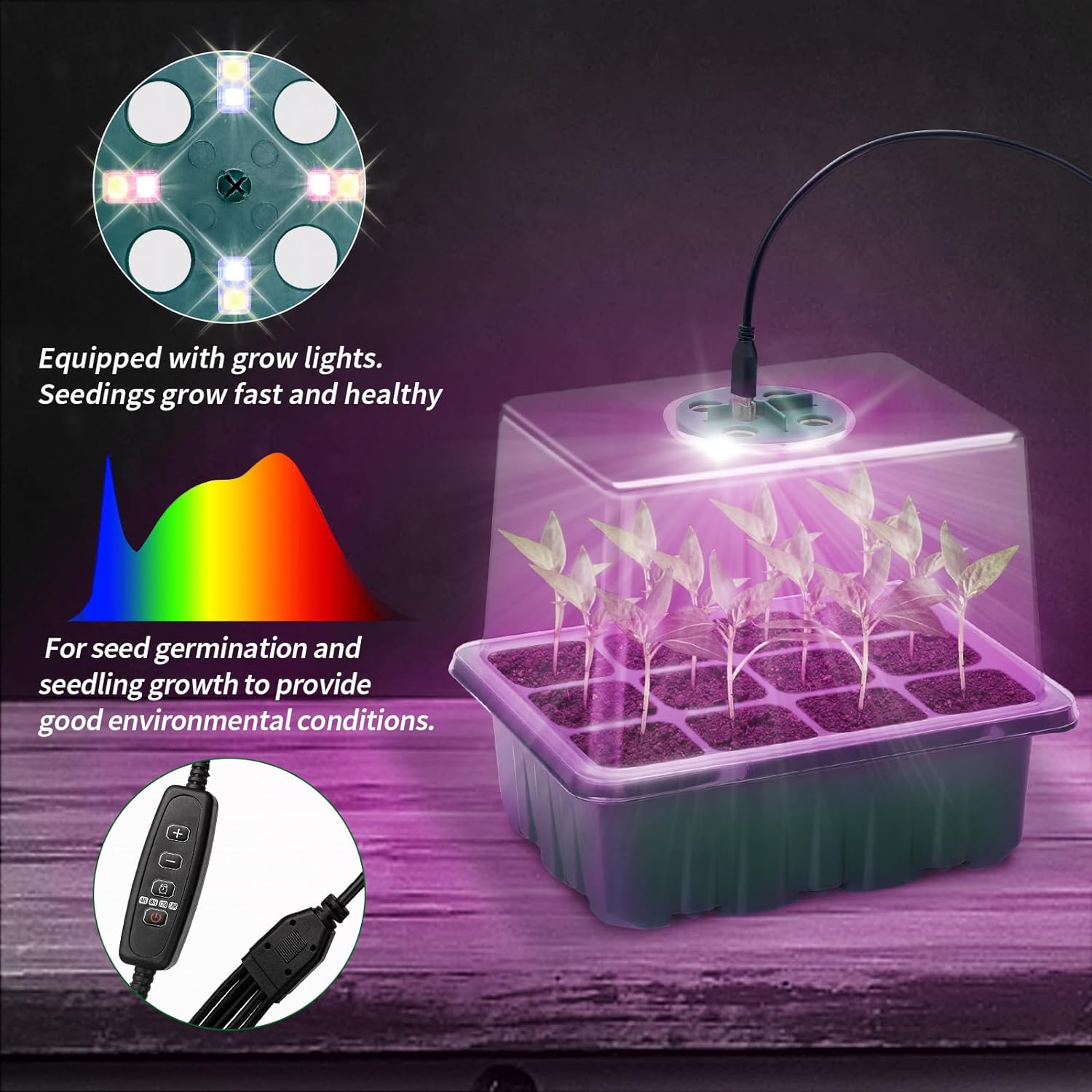 Seed Starter Tray, Plant Propagation Station with Grow Light, Seedling Starter Trays with Timing Controller, Mini Greenhouse Kit with Humidity Domes and Base, Plant Tray for Seeds Growing Starting