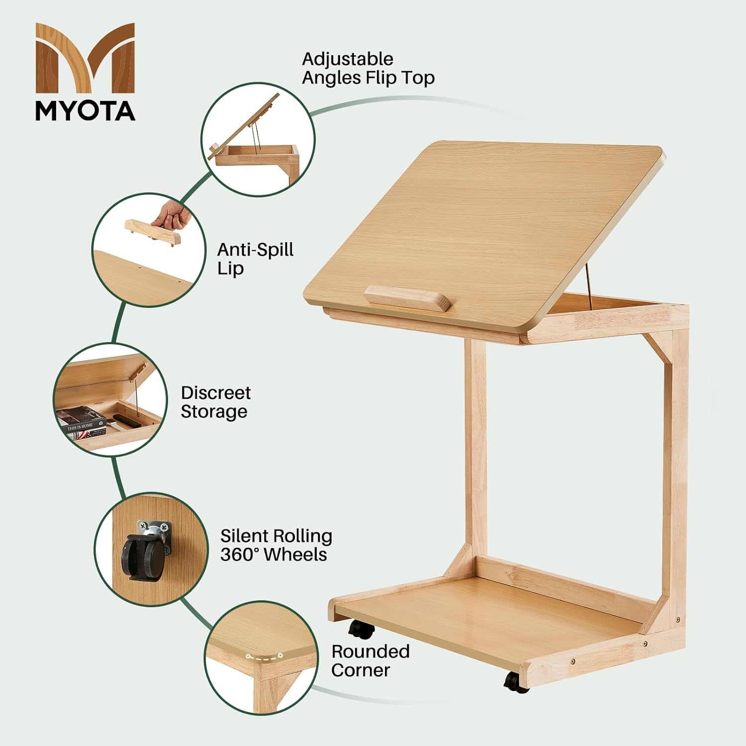C-Shaped End Table with Wheels - Solid Wood C Shape Rolling Side Table for Couch, Wooden Tv Tray Under Bedside Tables for Sofa Living Room Bedroom, Natural, 15.7 in x 23.6 in x 24.8 in