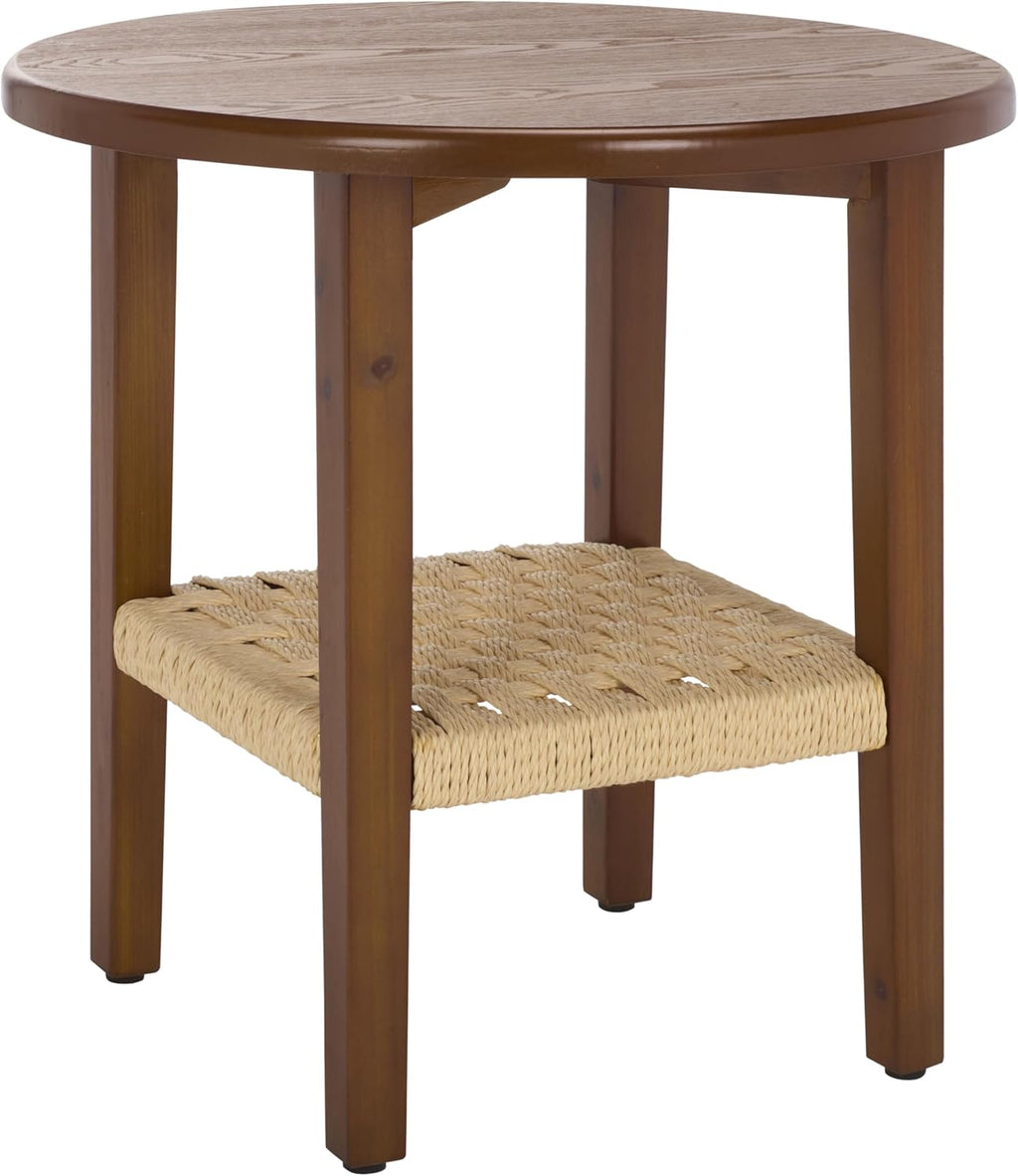 SAFAVIEH Home Collection - Rakoma Round End Table, Walnut Brown Accent Side Table with Woven Shelf (ACC2313A)