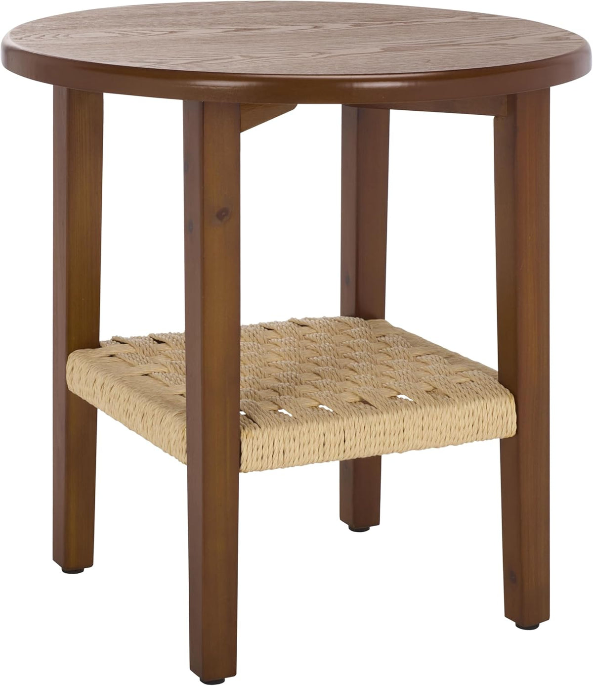 SAFAVIEH Home Collection - Rakoma Round End Table, Walnut Brown Accent Side Table with Woven Shelf (ACC2313A)