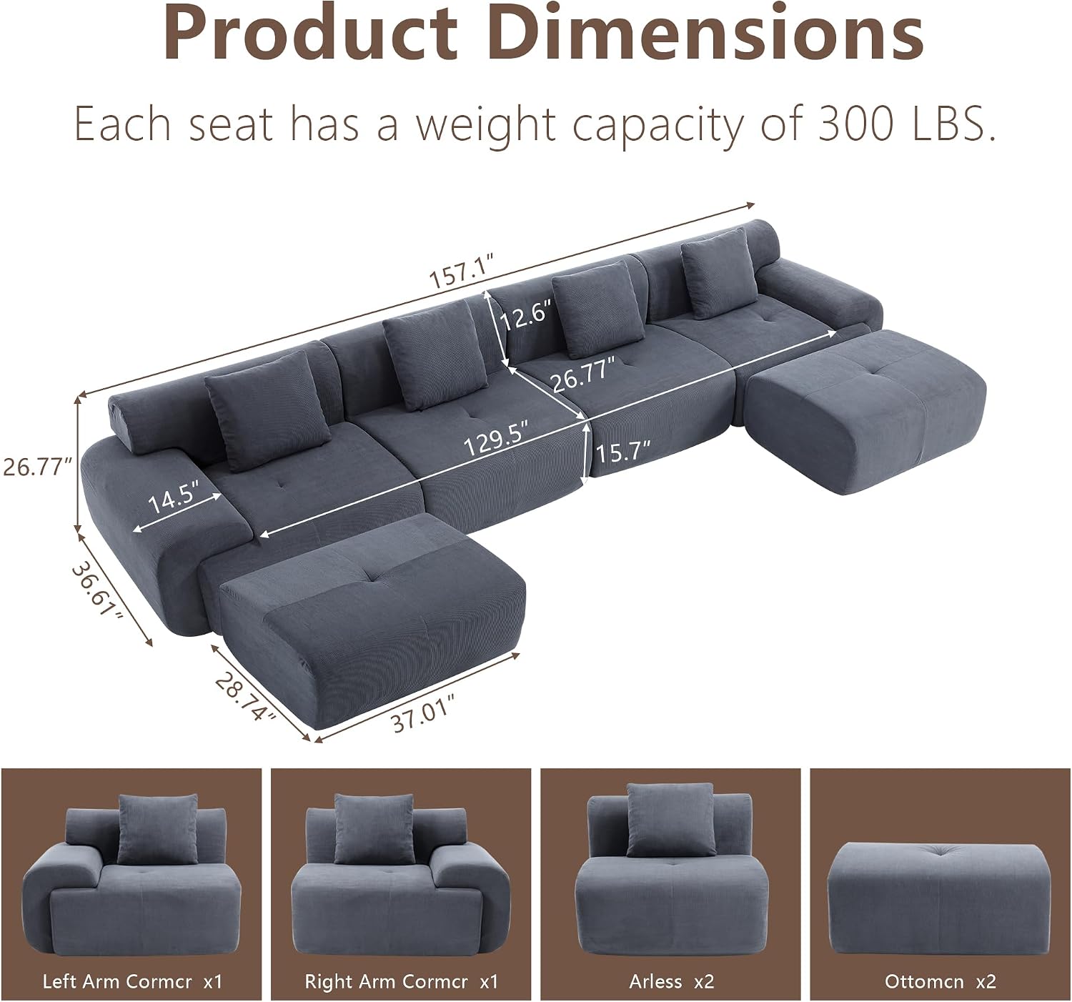 L-Shaped Modular Sectional Sofa, Sectional Couch, Oversized 3-Seater Cloud Couch with Deep Seat and Movable Ottoman for Living Room, Apartment (Gray, 3 Seater with 2 Ottoman)