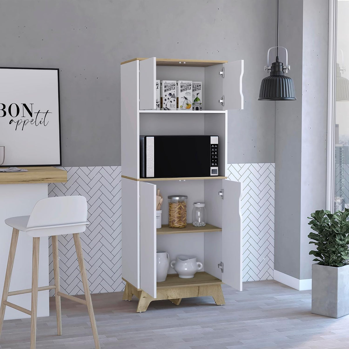 Microwave Tall Cabinet Wallas, Kitchen, Light Oak/White