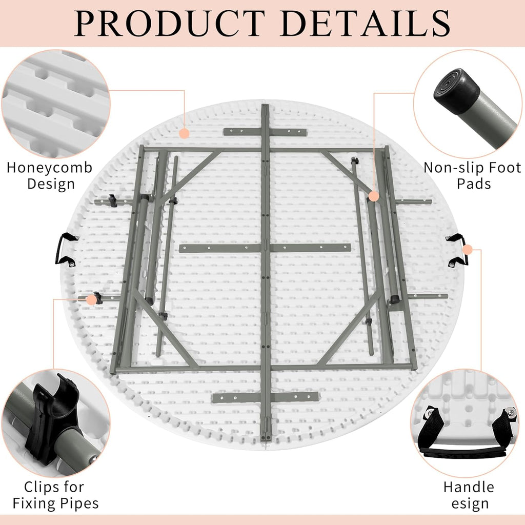 4 FT Round Folding Tables with Carrying Handle Lightweight Portable Plastic Commercial Table Steel Legs for Party, Dining, Wedding, Events, Picnic Indoor, Outdoor (White,1 Pack)