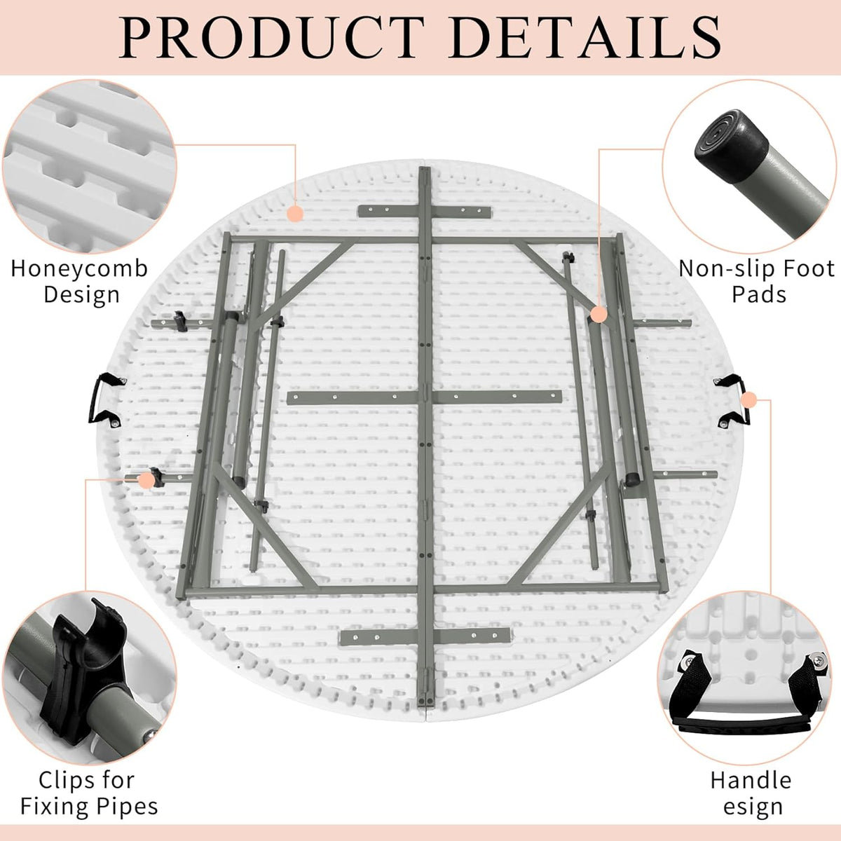 4 FT Round Folding Tables with Carrying Handle Lightweight Portable Plastic Commercial Table Steel Legs for Party, Dining, Wedding, Events, Picnic Indoor, Outdoor (White,1 Pack)