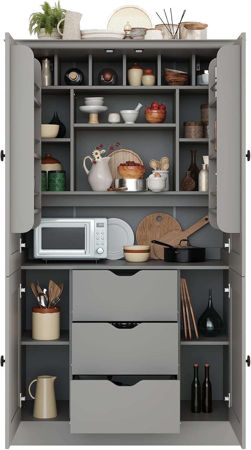 Virubi 42.3x20.0x70.9 inch Freestanding Kitchen Pantry Cabinet, Tall Storage Workstation with 4 Doors, 3 Drawers, 6 Door Shelves, Removable Shelves & 6 Wine Racks for Dining (Grey)