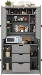 Virubi 42.3x20.0x70.9 inch Freestanding Kitchen Pantry Cabinet, Tall Storage Workstation with 4 Doors, 3 Drawers, 6 Door Shelves, Removable Shelves & 6 Wine Racks for Dining (Grey)