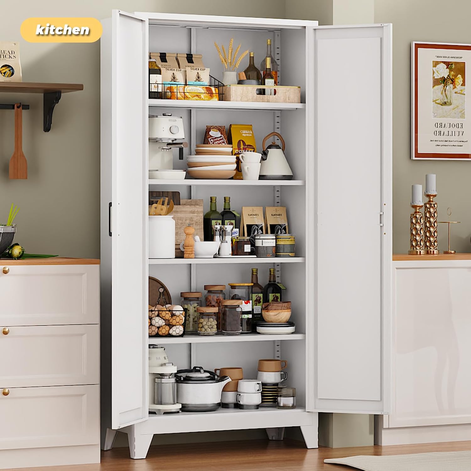 75" Pantry Cabinet,Kitchen Storage Cabinet with Adjustable Shelves | 1000 LBS Capacity Metal Pantry Cabinet with Magnetic & Anti-Tip,Storage Cabinet with Adjustable Feet for Kitchen,Dining Room