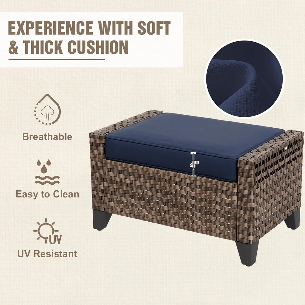 2 Pieces Modern Outdoor Wicker Patio Footstools, Multipurpose PE Rattan Ottomans Set for Poolside, Backyard and Balcony, Brown/Blue