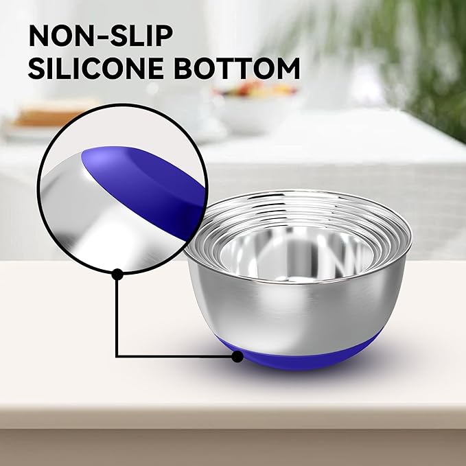 Stainless Steel Mixing Bowls with Lids – Set of 5 Large Nesting Metal Bowls for Kitchen, Baking, Cooking, Food Prep & Storage, Non-Slip Base, Dishwasher Safe,Blue